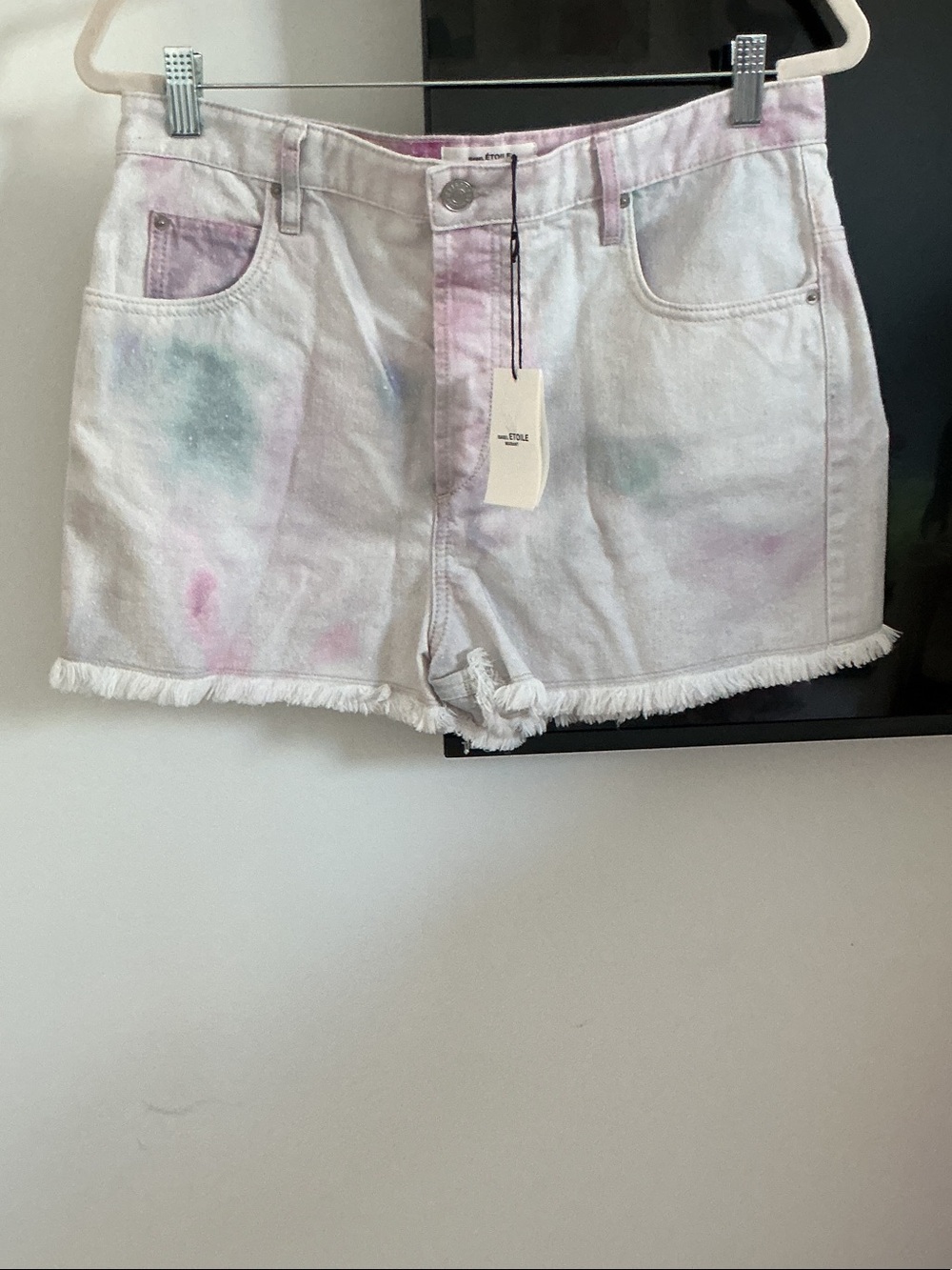 Isabel Marant Pastel Tie-Dye Frayed Hem Denim Shorts - White/Pink/Green